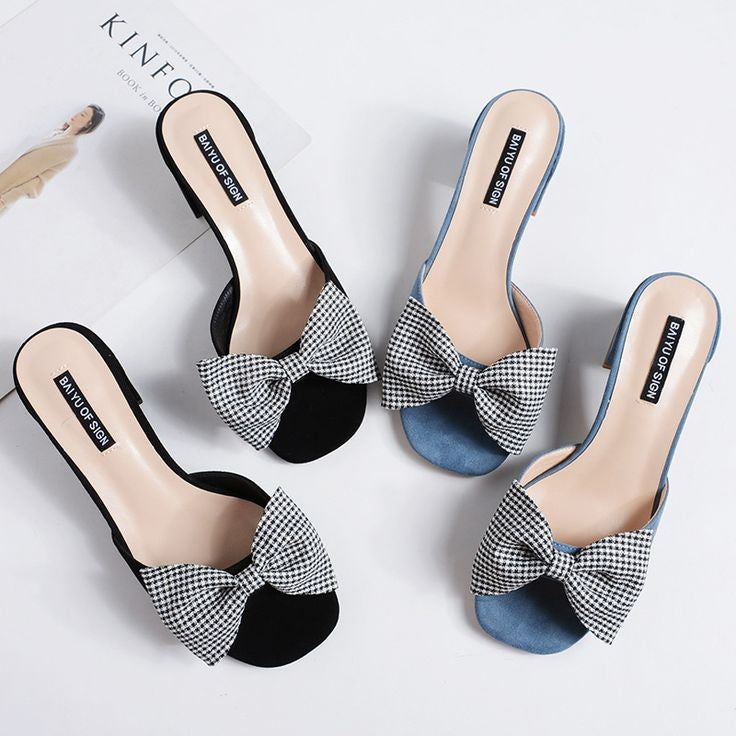 Floral Print Flat Slides, Elegant Bow Design Square Open Toe Shoes